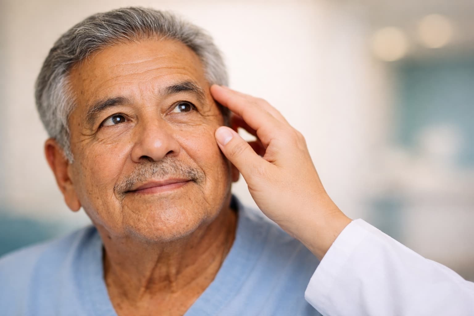 Paciente relajado durante consulta oftalmológica en un ambiente cálido y profesional