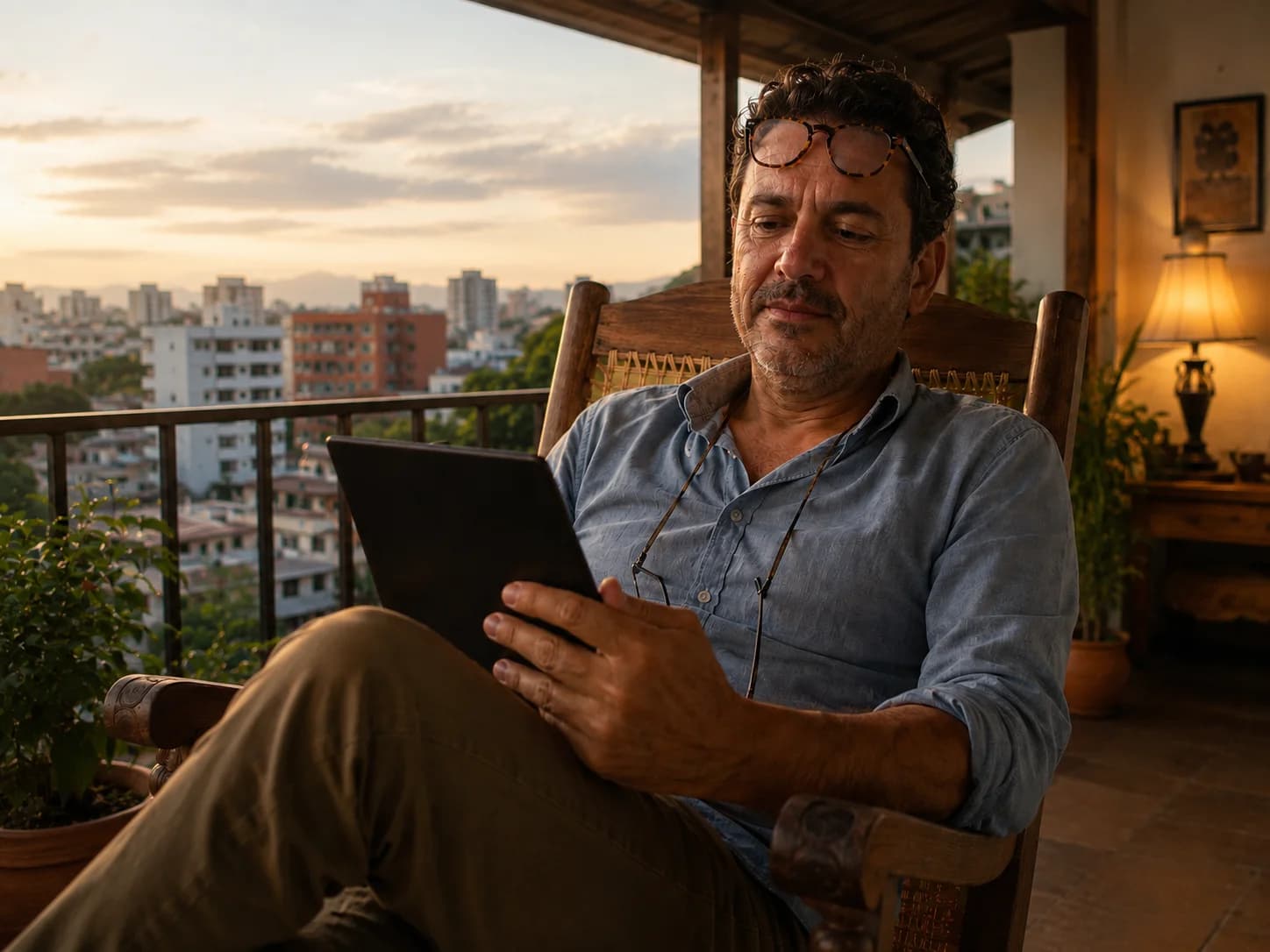 Hombre costarricense de unos 50 años en la terraza de su casa al atardecer, leyendo en una tableta con anteojos de lectura sobre la frente y un segundo par colgando del cuello — una escena cotidiana que ilustra la presbicia.