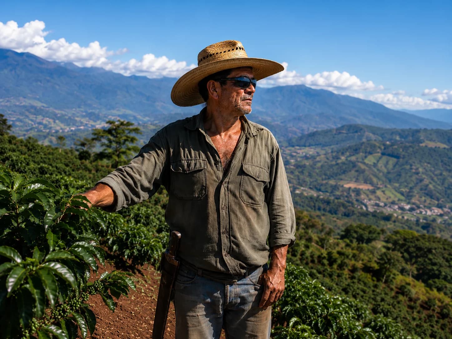 Caficultor costarricense de unos 50 años en una finca de la cordillera, con sombrero de paja de ala ancha, anteojos de sol envolventes y machete a la cintura, mirando el valle bajo el sol tropical — escena cotidiana que ilustra la exposición prolongada a la radiación UV.