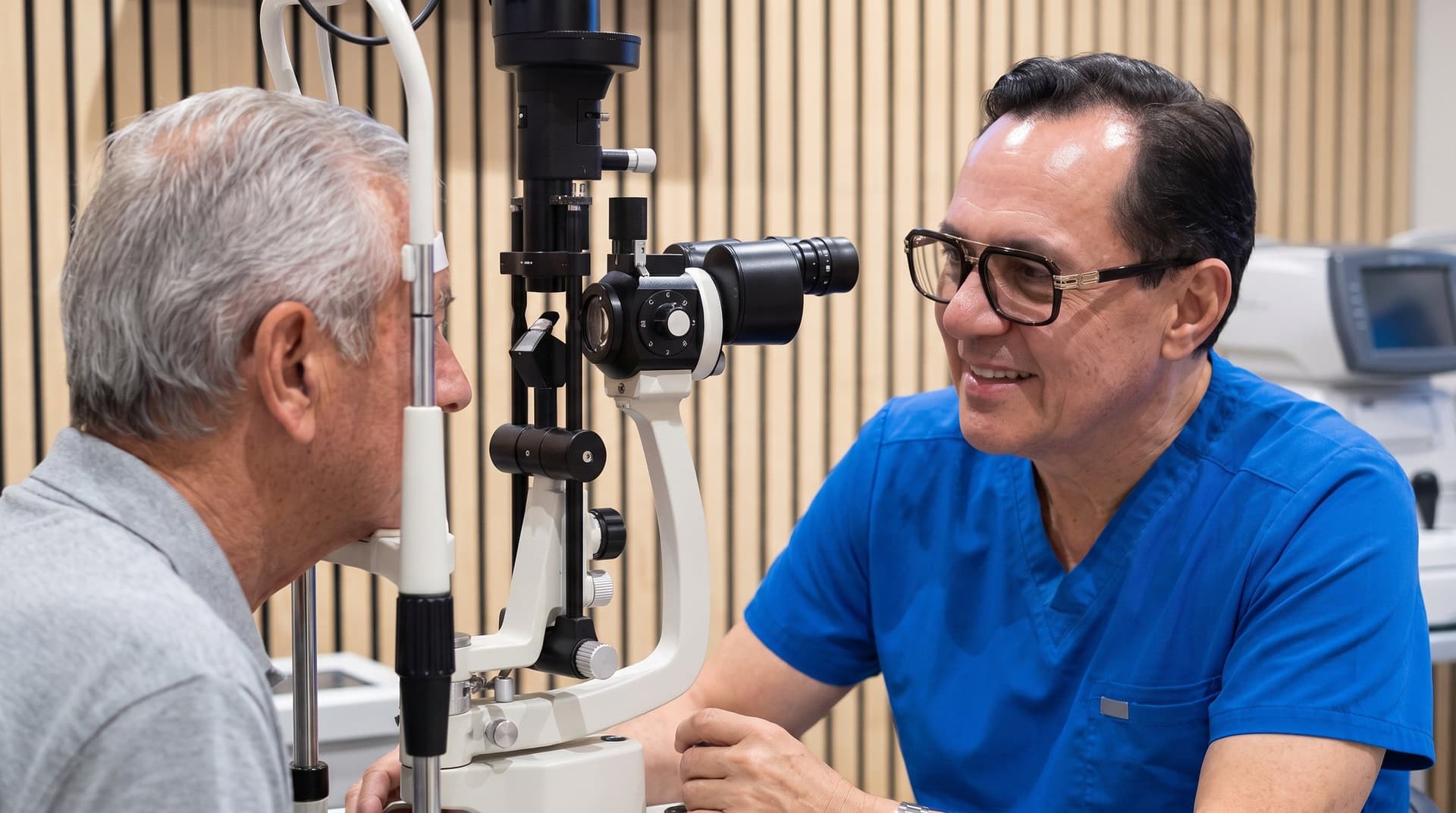 El Dr. Diego Mena conversa con un paciente mientras le examina los ojos con la lámpara de hendidura