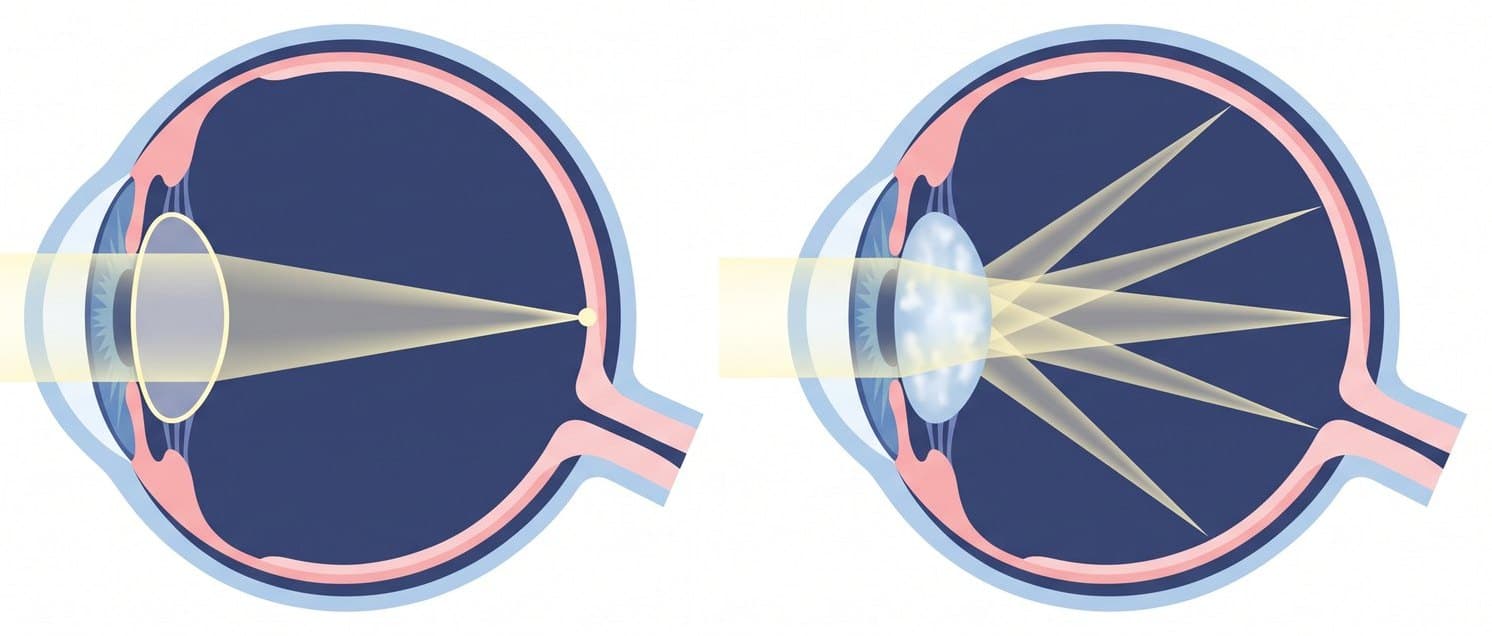 Dos cortes del ojo: a la izquierda, un ojo sano con el cristalino claro y la luz enfocada en la retina; a la derecha, el cristalino nublado por la catarata dispersa la luz antes de llegar a la retina